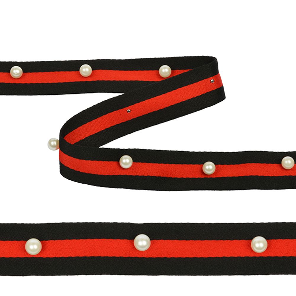 Тесьма-стропа TY Лампас с бусинами 25 мм, черный/красный, уп.13.71м