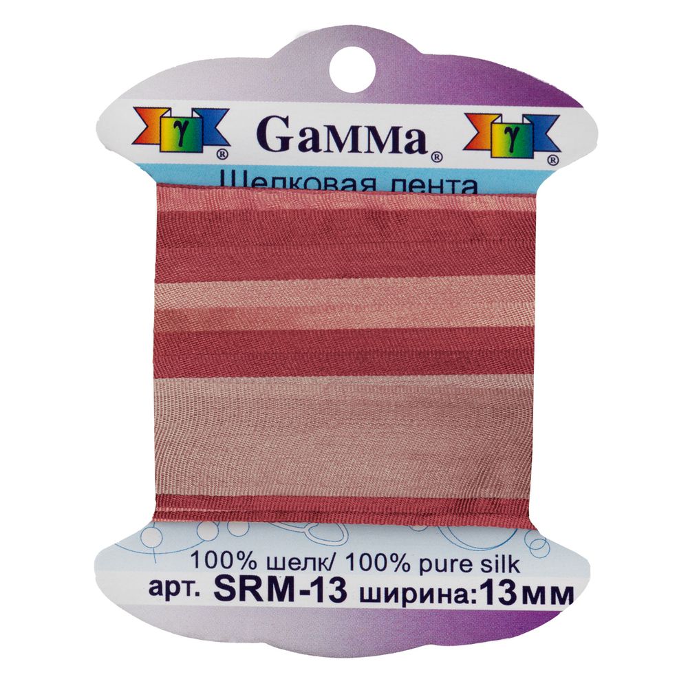 Лента (тесьма) шелковая 13.0 мм / 9.1±0.5 метров, M129 т.розовый/розово-бежевый, Gamma SRM-13