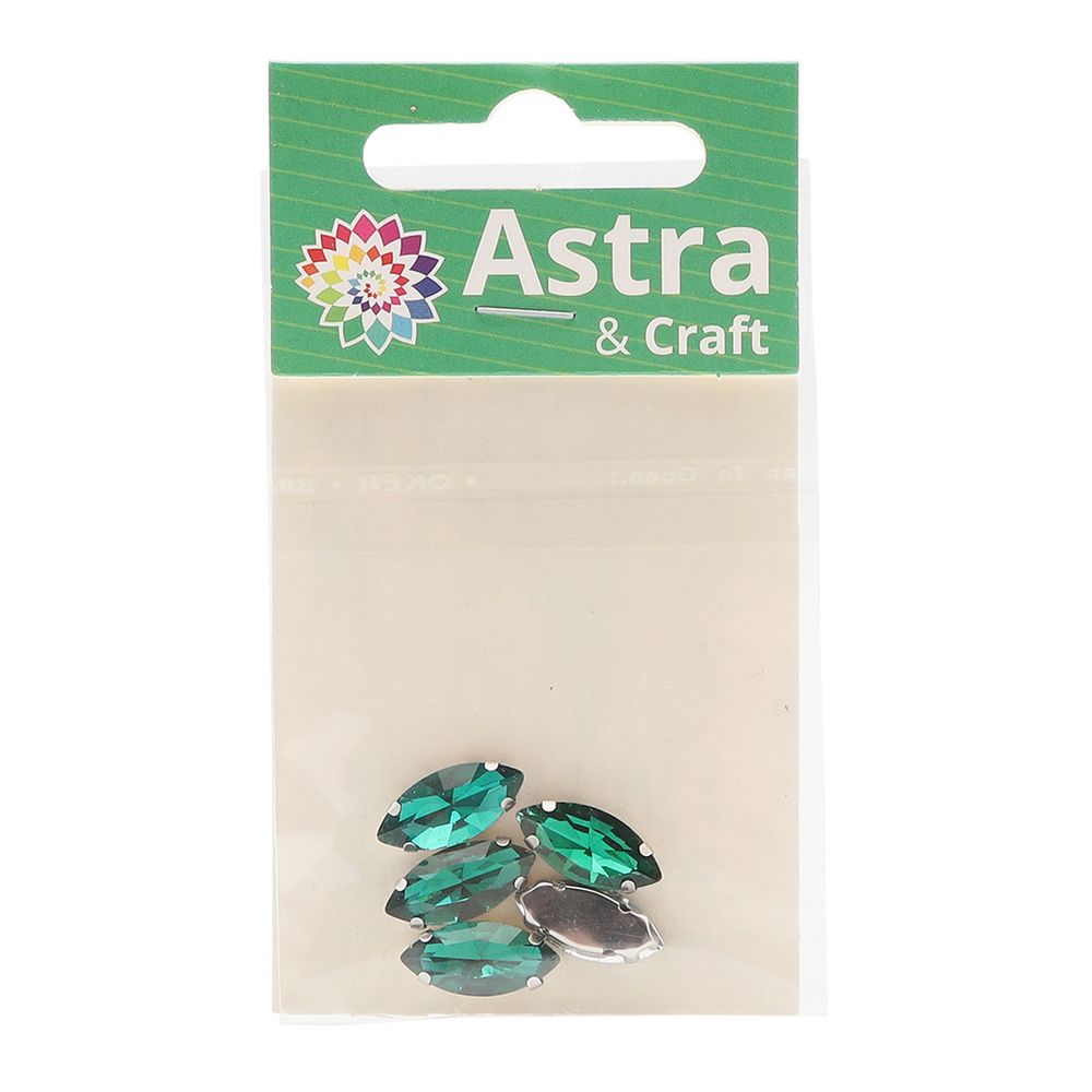 Хрустальные стразы в цапах формы миндаль, изумрудный 7х15 мм, 5 шт, МЦ008НН715