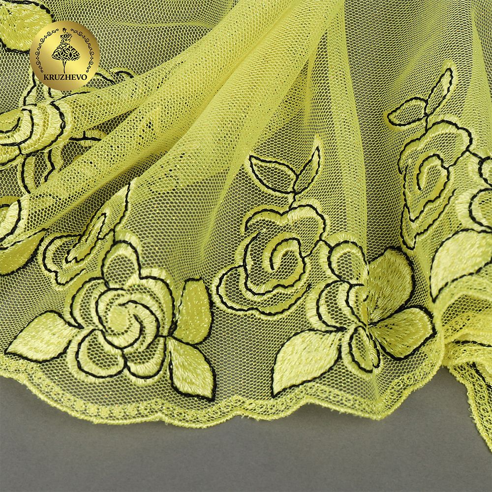 Кружево на сетке (вышитое) 135мм цв.желтый, левая, 6м, Kruzhevo
