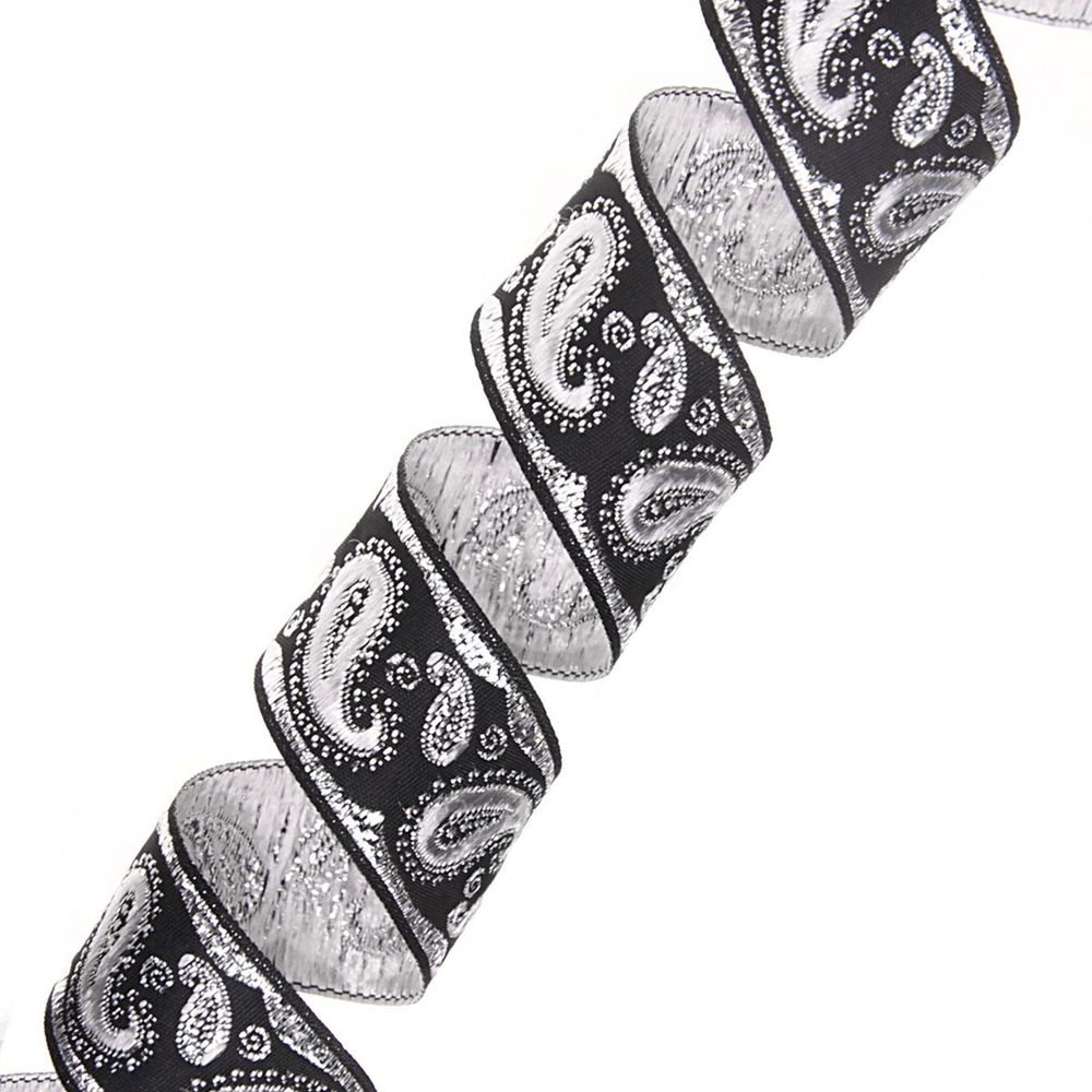 Лента (тесьма) жаккардовая 22.0 мм / 10±0.5 метров, Пейсли, 22807 черный/серебро