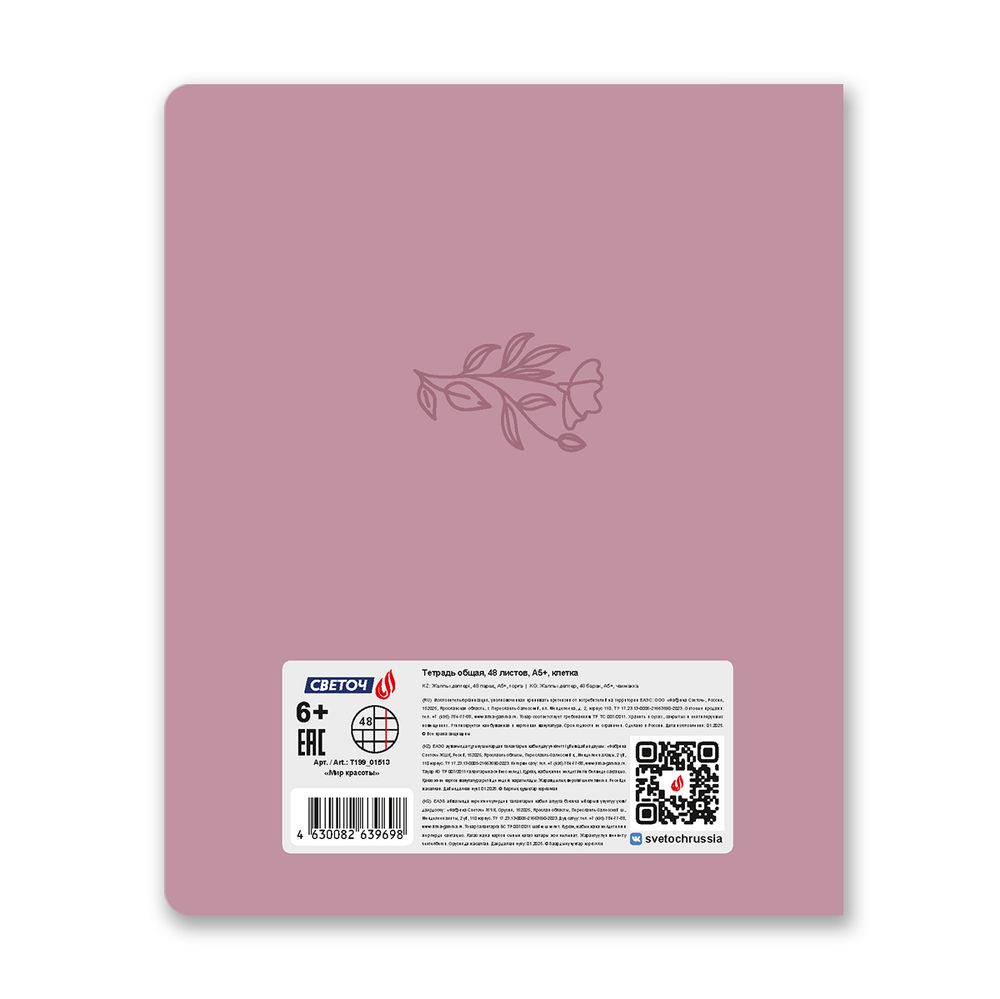 Тетрадь ученическая общая, тиснение золотой фольгой, A5 48 л. на скобе 65 г/м², белизна 100% 10 шт клетка, 01513 Мир красоты, Светоч Т199