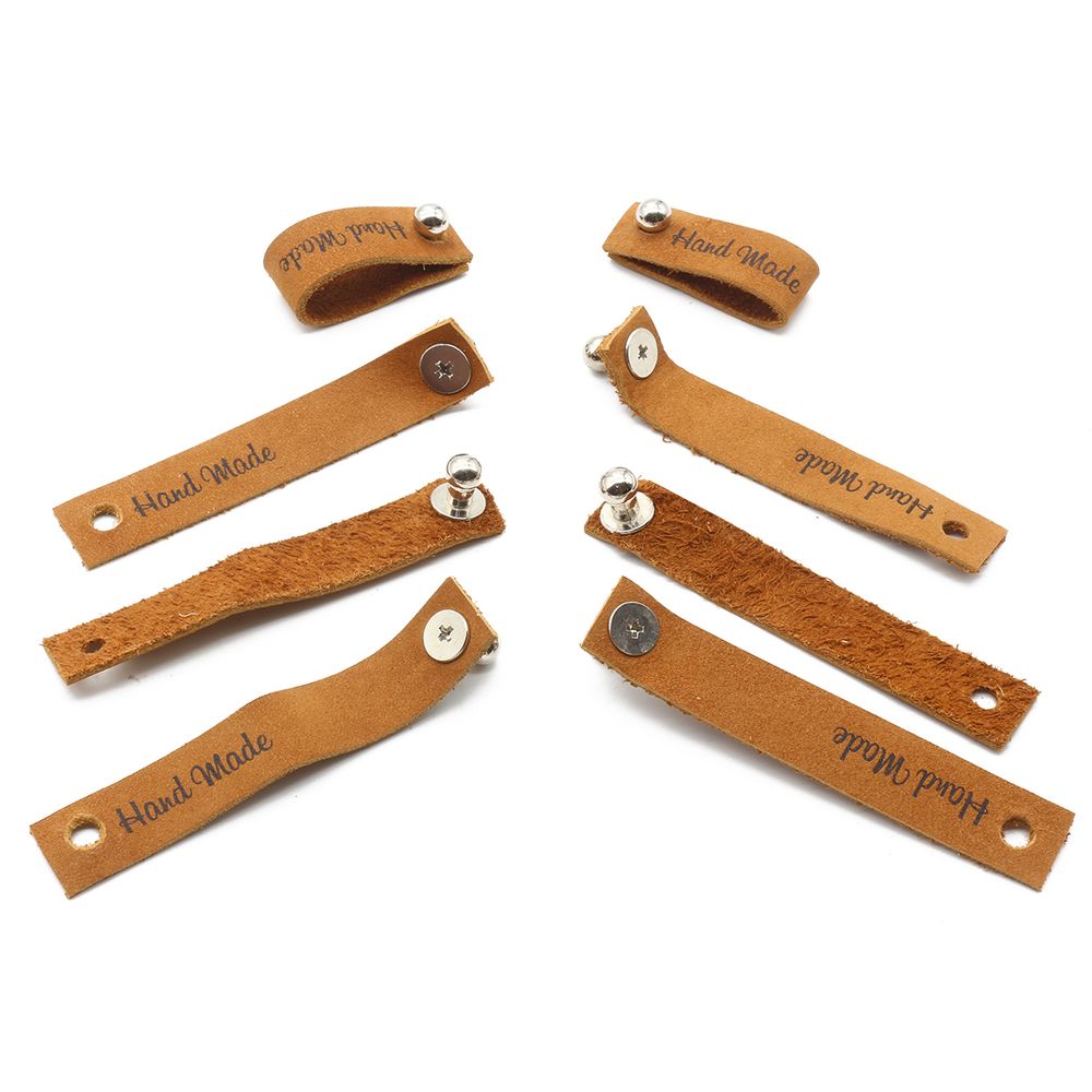 Набор кожаных бирок с кнопкой "Hand Made" 1,3х7см, цв. коричн, уп.8 шт