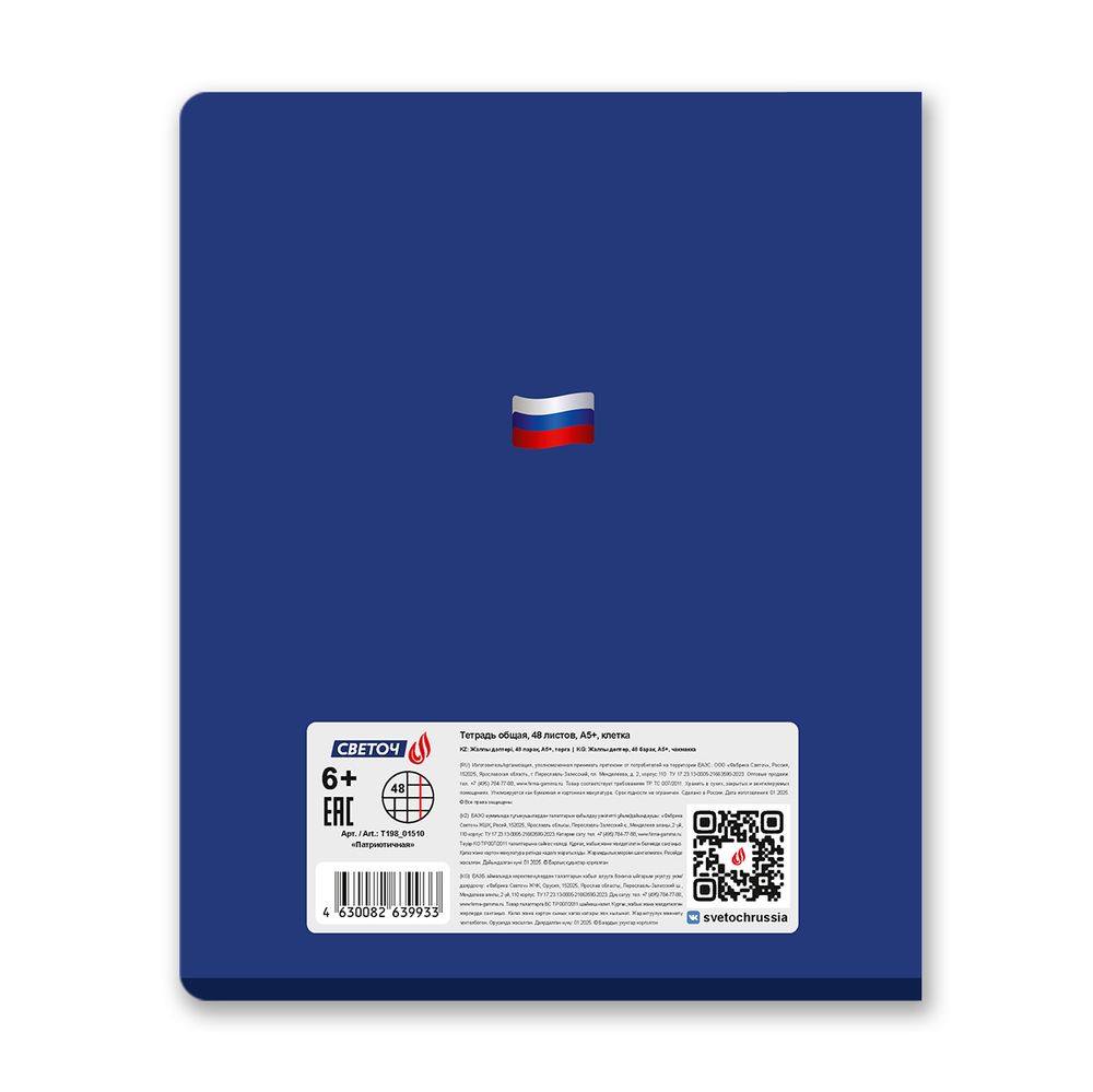 Тетрадь ученическая общая, твин лак, A5 48 л. на скобе 65 г/м², белизна 100% 10 шт клетка, 01510 Патриотичная, Светоч Т198