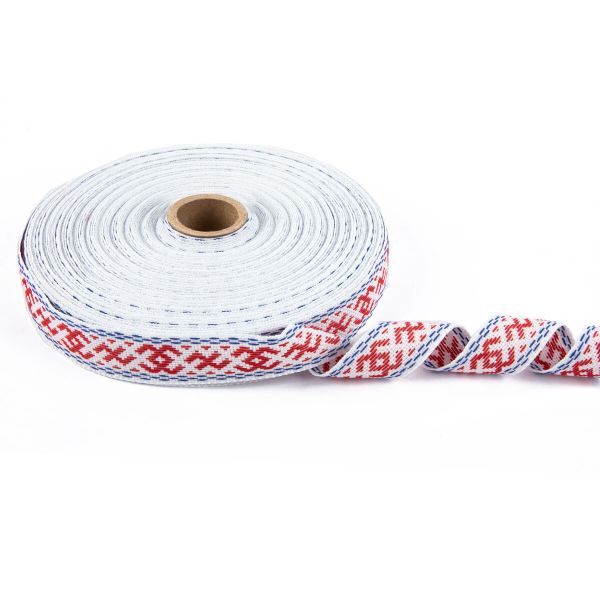 Лента (тесьма) жаккардовая 24.0 мм / 25±1 метров, Орнамент для северных народов, рис 9872 №1 бел/красн/синий, Gamma C3885