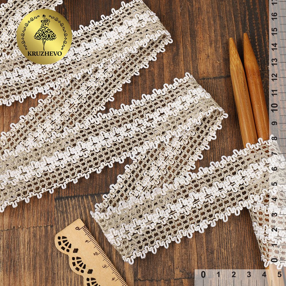 Кружево вязаное (тесьма) 37 мм / 10 метров, 60000/10Т цв.201 лен с белым, Kruzhevo Кружево вязаное (тесьма) 37 мм / 10 метров, 60000/10Т цв.201 лен с белым, Kruzhevo