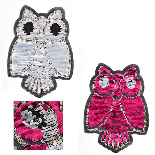 Аппликация пришивная Сова с двусторонними пайетками 14х20 см цв. серебро уп. 2 шт
