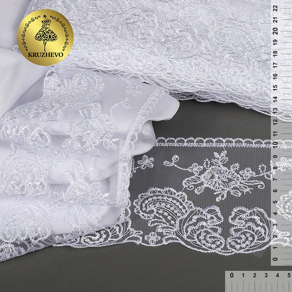 Кружево на сетке широкое 105 мм, диз 021, цв.12 белый, уп.13.71 м, Kruzhevo
