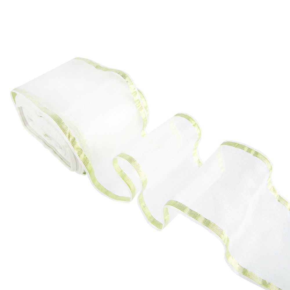 Лента капроновая для бантов 75 мм, / 25 метров, с метал. кромкой, белый/ салатовый, Gamma С 3502 с метал. кромкой