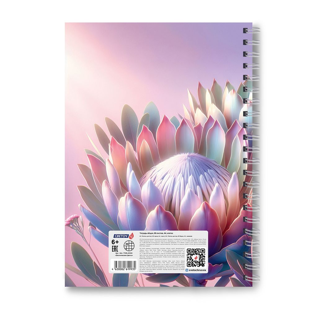 Тетрадь ученическая общая, выборочный УФ лак, A4 80 л. на гребне 65 г/м², белизна 100 %, 4 шт, клетка, 01243 Экзотические цветы, Светоч Т128