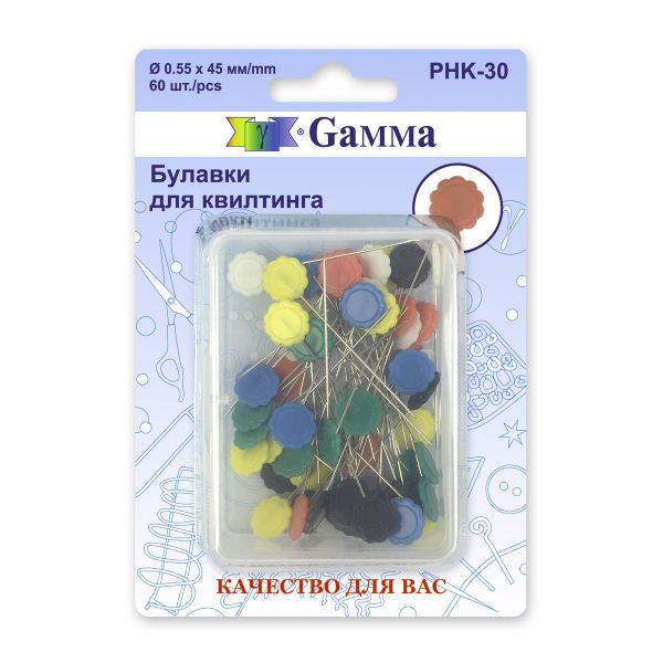 Булавки для квилтинга 45 мм, 60 шт, сталь, в пластиковой коробке, Gamma PHK-30