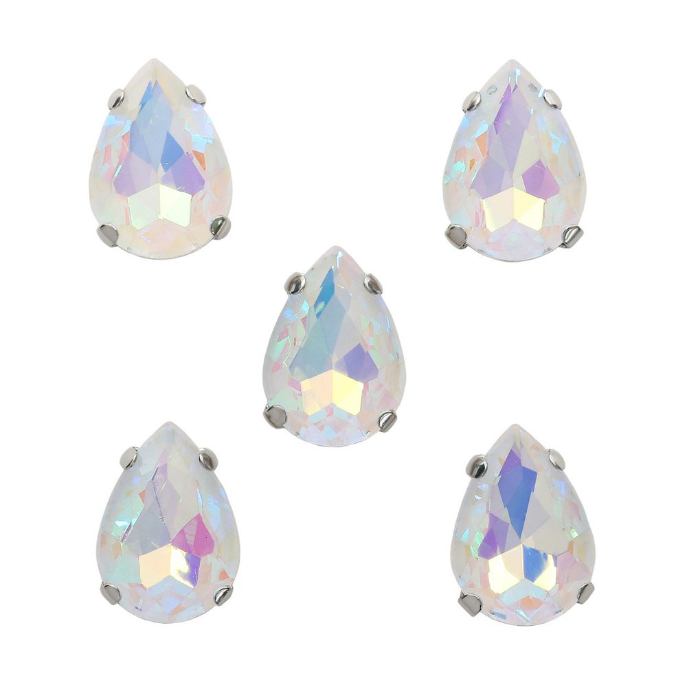 Хрустальные стразы в цапах формы капля, белый с покрытием AB 10х14 мм, 5 шт., АЦ002НН1014