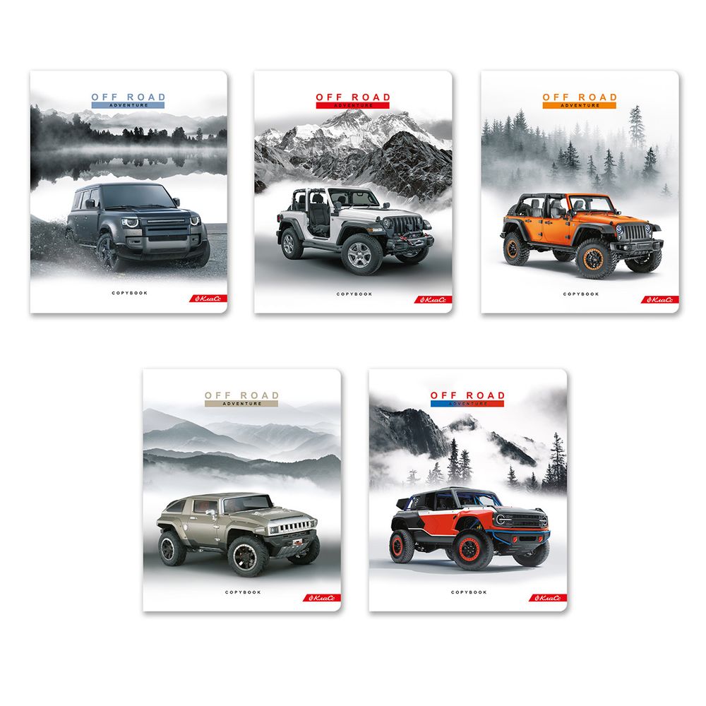 Тетрадь ученическая общая, глянцевая ламинация, A5+ 96 л. на скобе, белизна 100%, 5 шт, клетка, 000345 Джипы, Светоч 96ТСК5_3_3_1