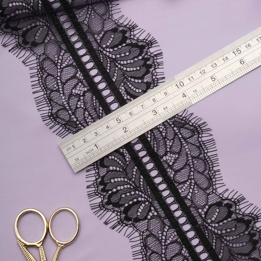 Кружево шантильи (реснички) на сетке 105 мм / 30 метров, черный, 3AR1277