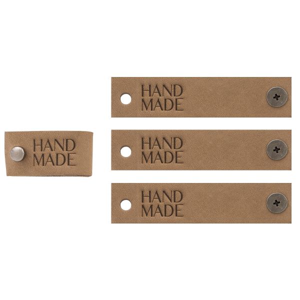 Кожаные бирки с тиснением на кнопке Hand Made 17х70 мм, 4 шт, капучино
