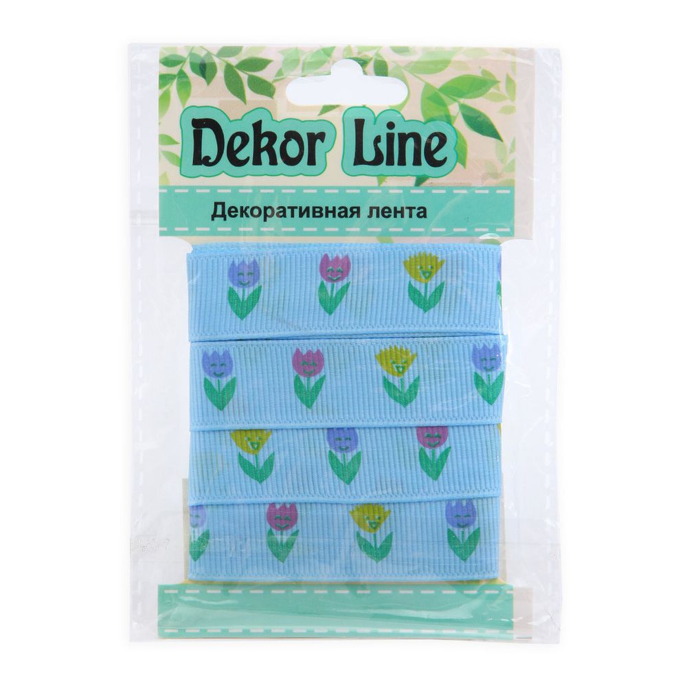 Лента репсовая (в рубчик) Тюльпаны, 15 мм, 3м, голубой