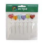 Булавки декоративные с цветными сердечками, упак., 6 шт, Астра