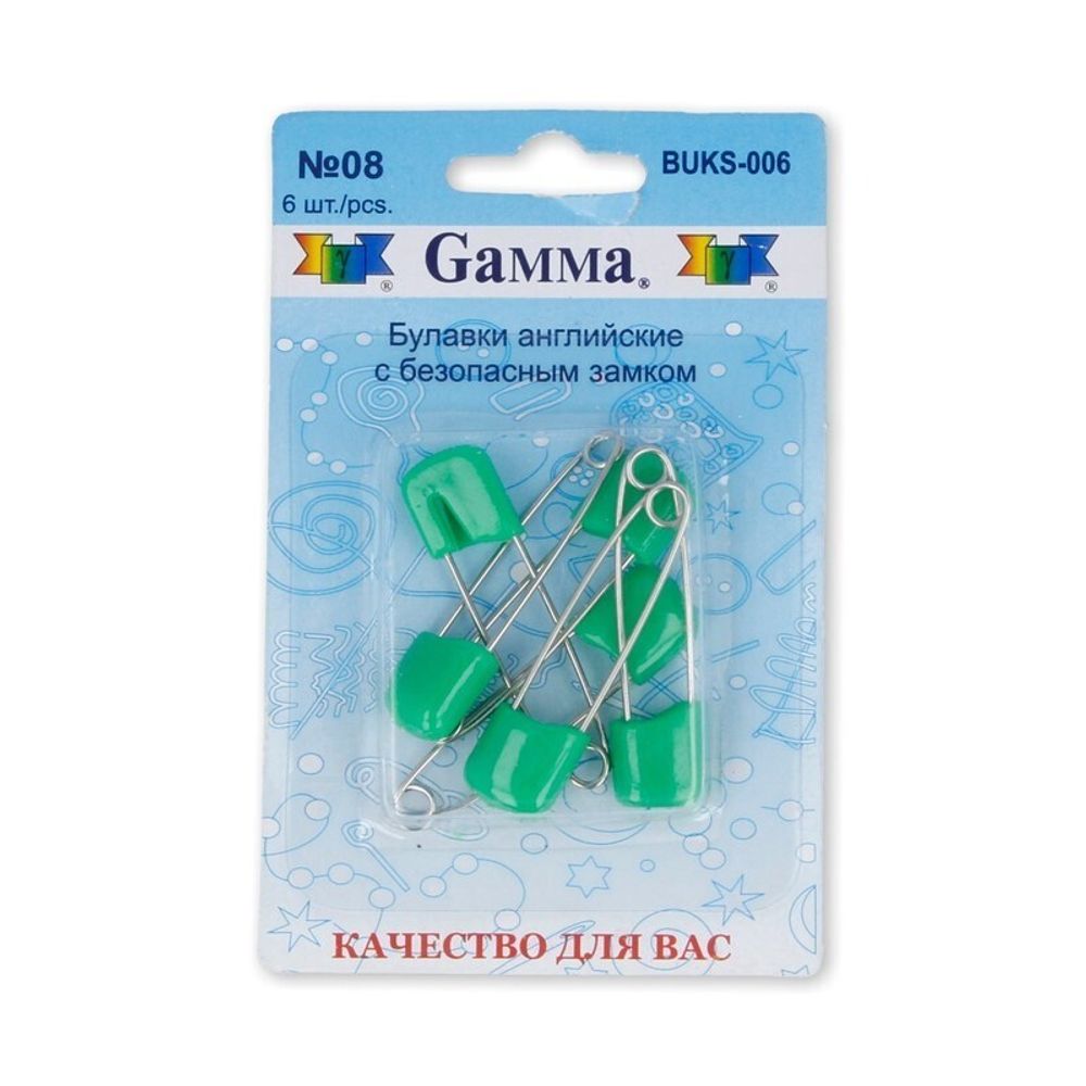 Булавки английские безопасные 40 мм, 6 шт, 08 зеленый, Gamma BUKS-006