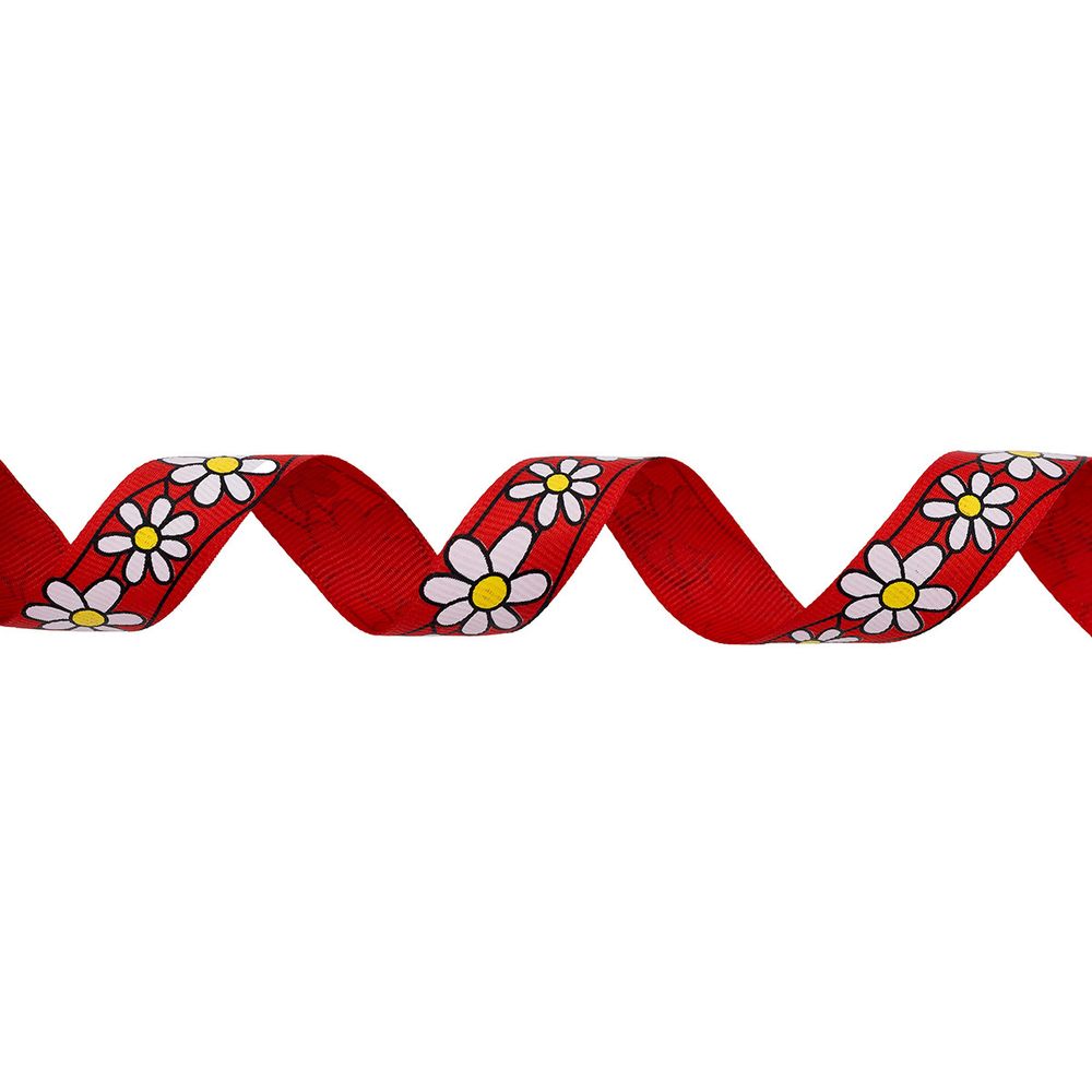 Лента репсовая (в рубчик) Ромашки 1,5см*22.86 м (красный)