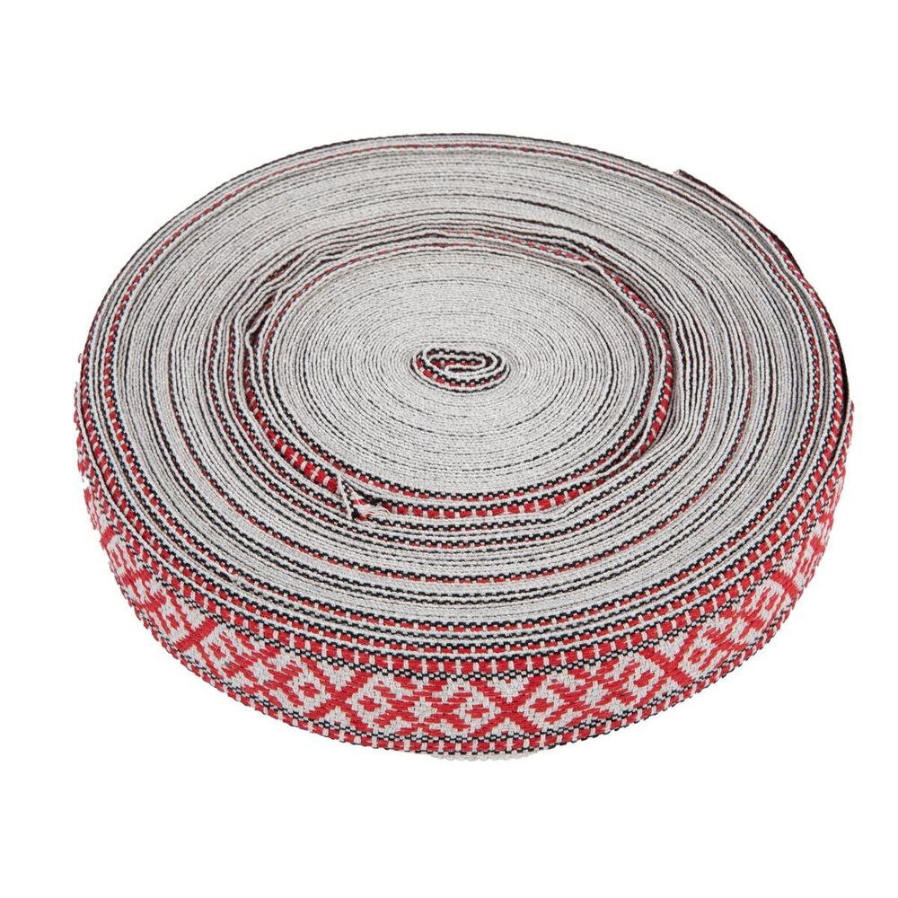 Лента (тесьма) жаккардовая 38.0 мм / 25±1 метров, для пояса, рис 9860 лен/красный №5, Gamma С3822