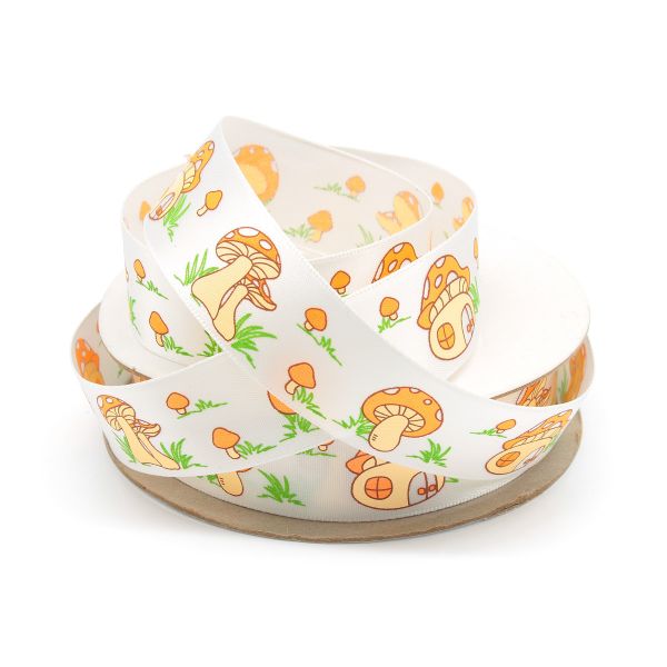 Лента атласная с надписью 22.0 мм / 22.5±1 метров, Грибы, 029 белый, Globus