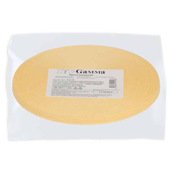 Тесьма (лента) киперная (100 х/б) 10 мм / 50 метров, св.желтый/lt.yellow, Gamma TCT-10