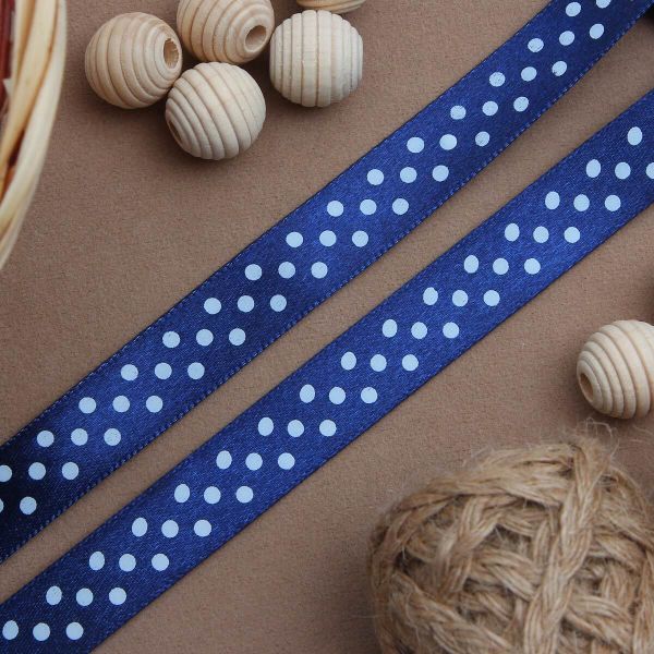 Лента атласная в горошек 15.0 мм / 3 метра, т.синий, Globus