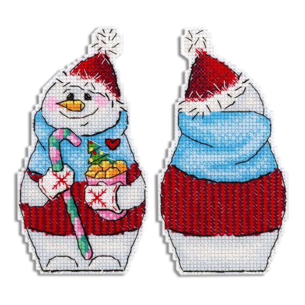 Набор для вышивания нитками МП Студия, пласт.канва Снеговик с угощениями 13х7 см