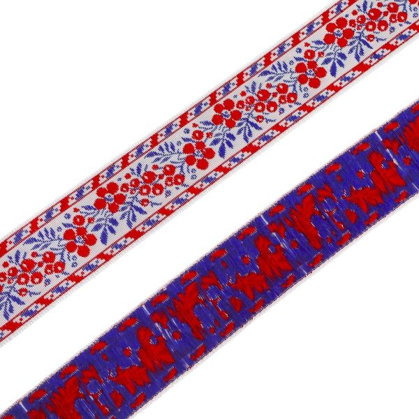 Лента (тесьма) жаккардовая 32.0 мм / 25±1 метров, рис. 9448 Калинка, (11 красный/голубой на белом) С1853Г17