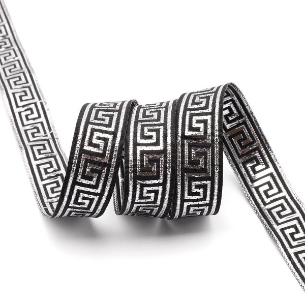 Лента (тесьма) жаккардовая 15.0 мм / 25±1 метров, (черный/серебро), Меандр