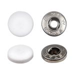 Кнопка Альфа (S-образная) ⌀15.0 мм, ≈720 шт, шляпка пластик + отв.части МЕТАЛЛ, 101 белый + отв.части никель, NEW STAR