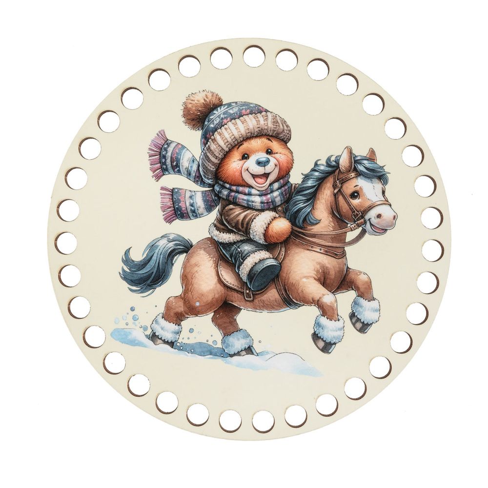 Набор донышек для вязания Матовый фанера ⌀15х0.4 см, 2 шт, 09 Мишка на лошади, Love2art ДВ-02