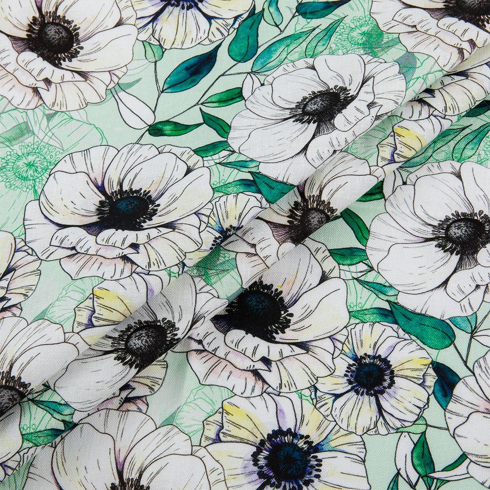 Ткань для пэчворка Peppy Цветущие анемоны 50х55 см, 140±5 г/м², ЦА-02 зеленый