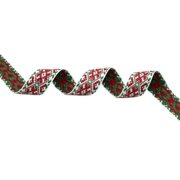Лента (тесьма) жаккардовая 37.0 мм / 50 метров, (268 бел, красн., зел.), Р9723