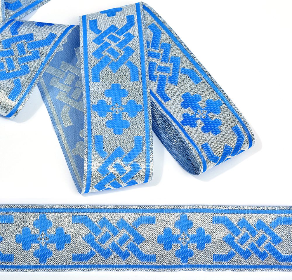 Лента (тесьма) жаккардовая/православный галун, 0390, 50 мм, уп. 10 м, синий/серебро