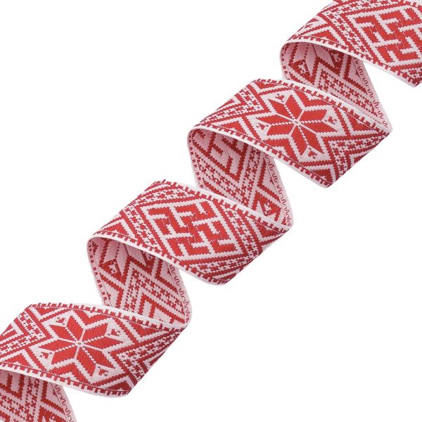 Лента (тесьма) жаккардовая 36.0 мм / 25±1 метров, Славянский орнамент Оберег, рис.9463 (белый/красный) С3806Г17