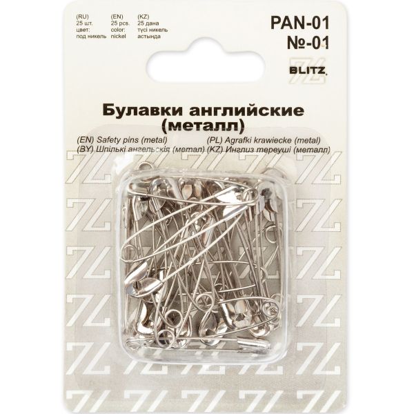 Булавки английские 32 мм, №01, 25 шт, железо, никель, Blitz PAN-01