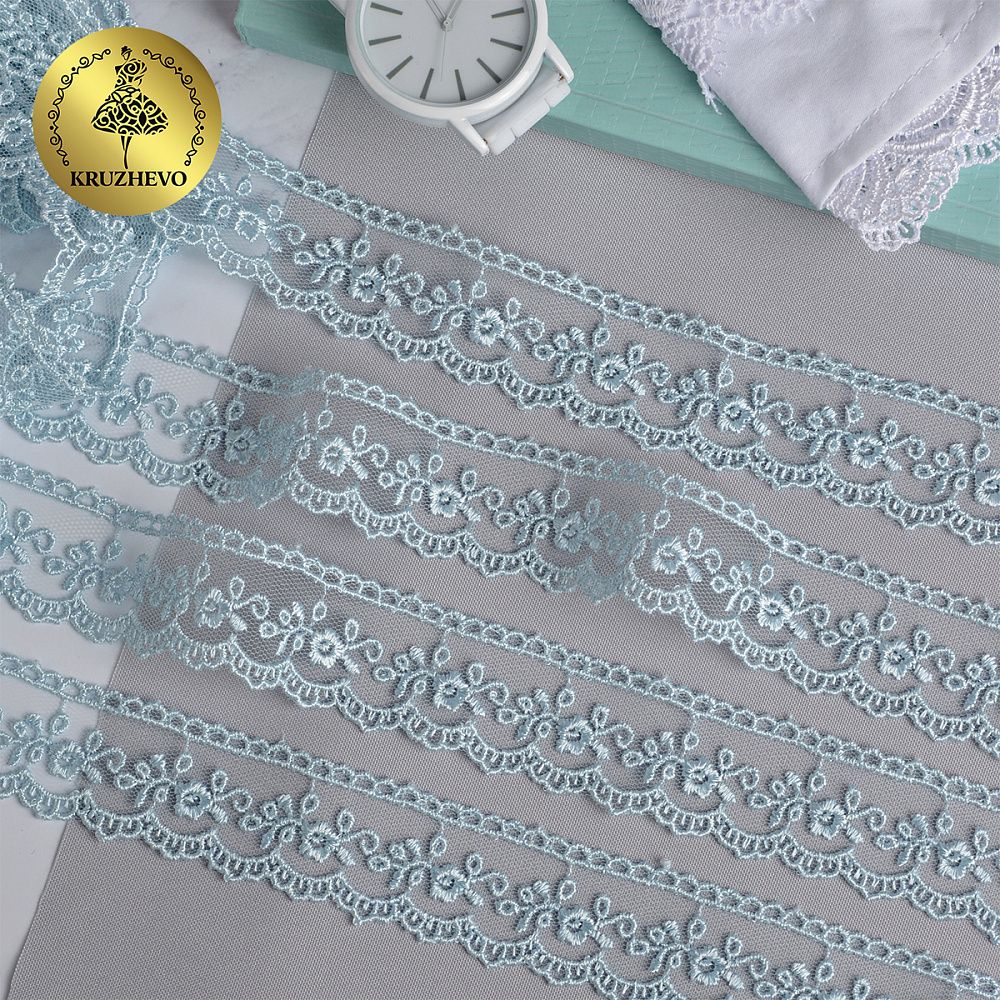 Кружево на сетке 25 мм, диз. 468, цв.09 голубой, уп.9 м, Kruzhevo