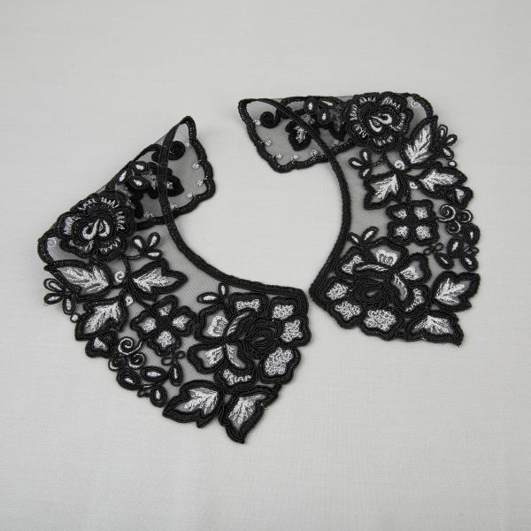 Пришивной кружевной воротник 100 мм, на сетке, 5 пар, Турция, черный/под серебро, Gamma VKRM-27-02