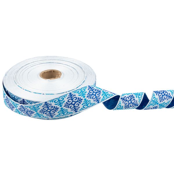 Лента (тесьма) жаккардовая 32.0 мм / 25 метров, Орнамент для северных народов, рис 9788 белый-синий-бирюзовый, Gamma С3774