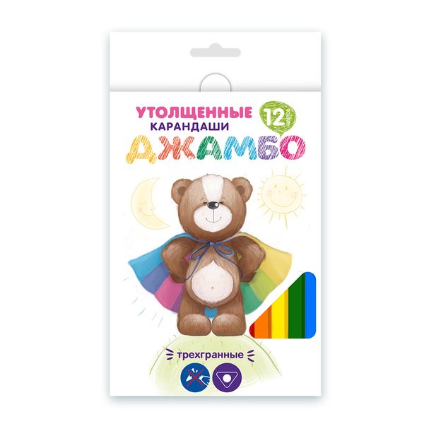 Набор цветных трехгранных карандашей джамбо JTCP-9012 заточенный 6х12 цв, Мишка JTCP-9012