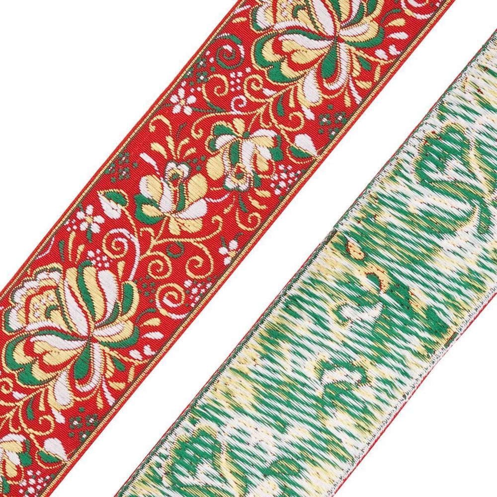 Лента (тесьма) жаккардовая 50.0 мм / 25±1 метров, рис. 9568 Гжель, (6 красный/зеленый/желтый/белый) С3379Г17