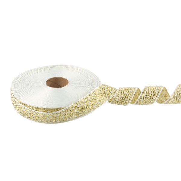 Лента (тесьма) жаккардовая 23.0-25.0 мм / 25 метров, белый/под золото, Blitz