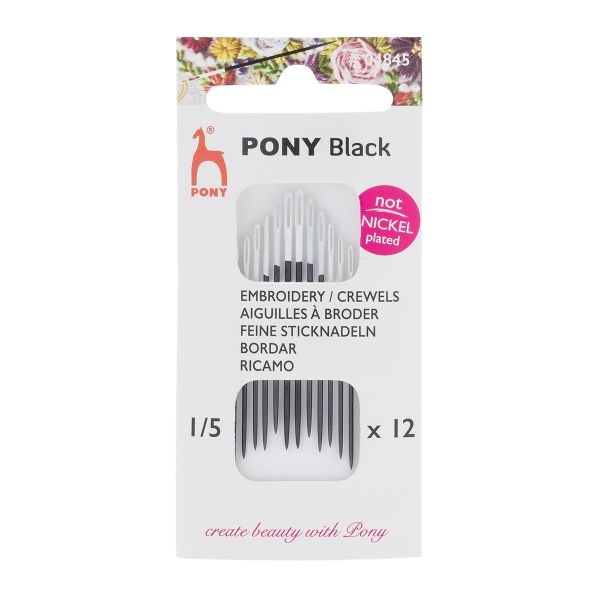 Иглы ручные для вышивания и шитья c белым ушком Crewels Black, №1-5, 12 шт, Pony, 04845