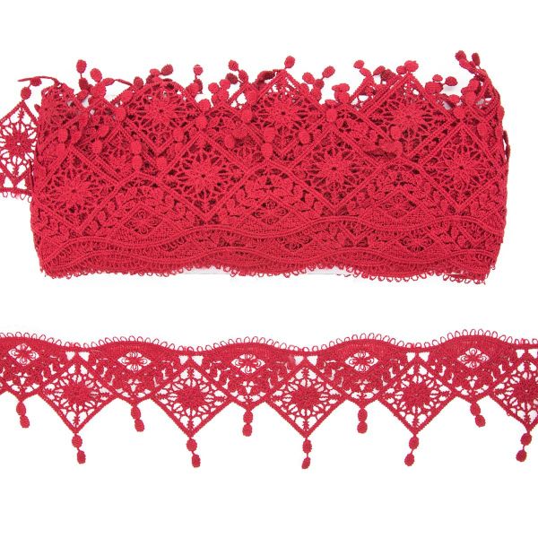 Кружево гипюр (плетёное) (матовое) 55 мм, с подвесками, 073 бордовый, 9.14 м