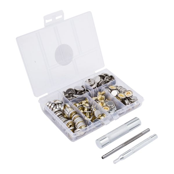 Кнопка Дельта (O-образная) ⌀15 мм, 40 шт, с установщ., в органайзере, 11,8х8,1х2,3см, серебряный