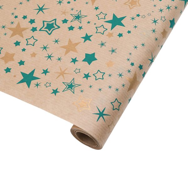 Бумага упаковочная крафт 40 г/м², 70 см / 10 метров, Звезды, изумруд/золото