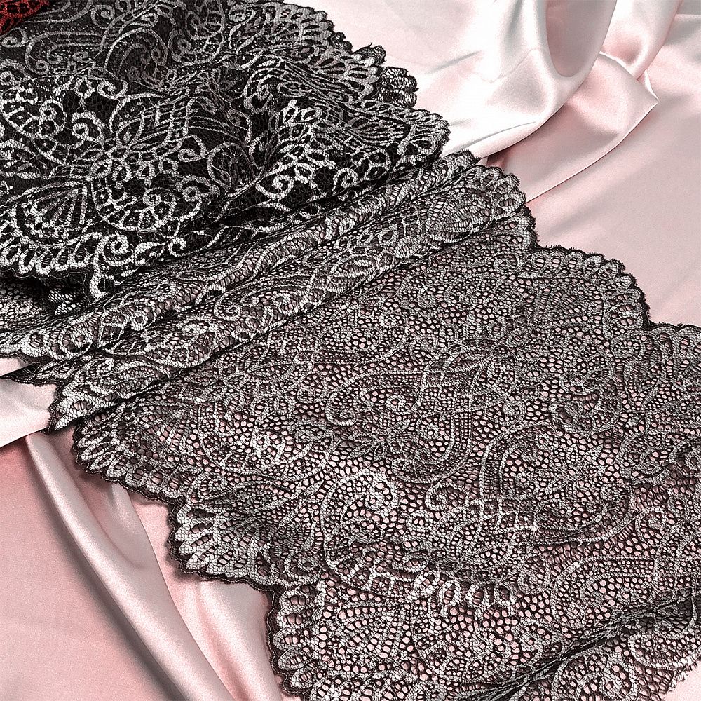 Кружево бельевое эластичное 240 мм / 120 м, Premium 40992, цв.168 серебристый пион+черный, Kruzhevo