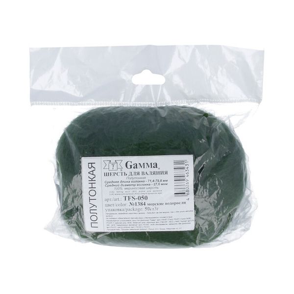 Шерсть для валяния (до 29 мкр), 50 г. 1384 м.водоросли, Gamma TFS-050