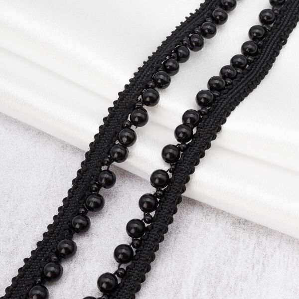Кант декоративный с бусинами жемчуг и бисером 14 мм / 9.14 метра, черный, 3Al296